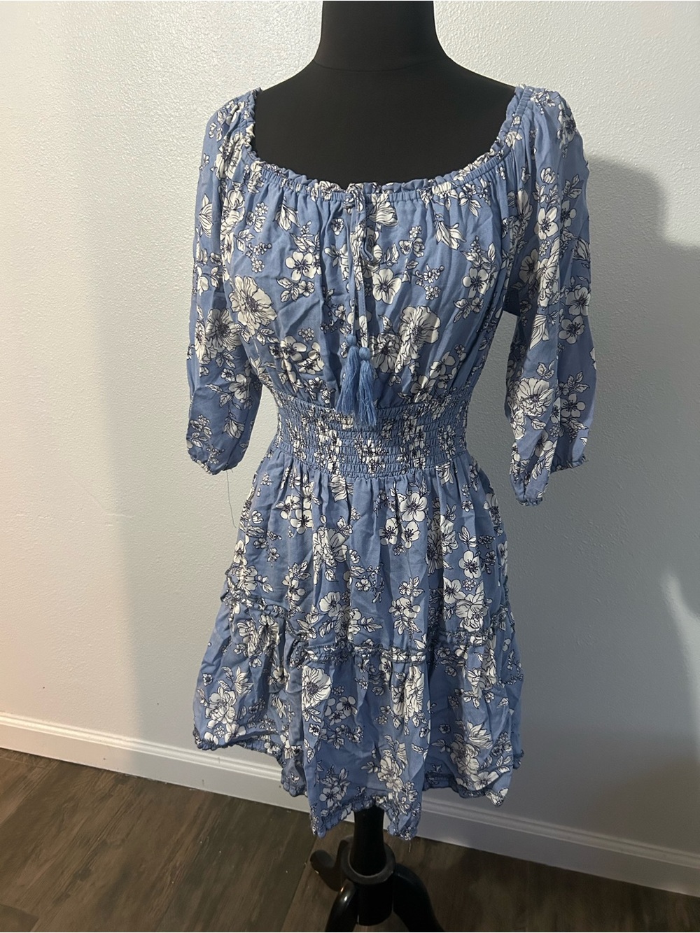 Smocked Waist Blue Floral Mini Dress with Tie Front